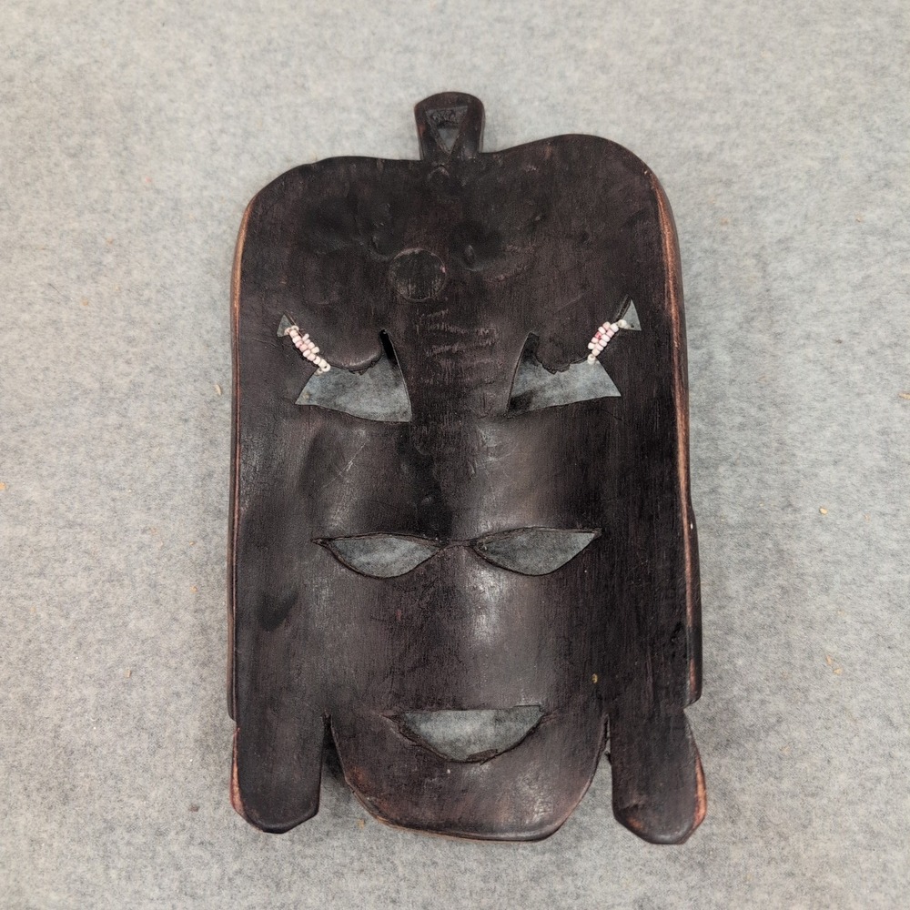 Hand Carved Wooden Tribal Wall Mask with White Bead Accents Brown Decor - Picture 5 of 7